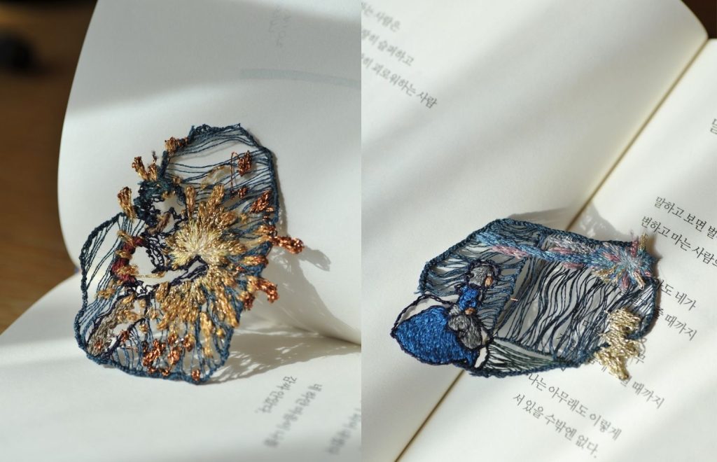 <沒有布料的刺繡 - 哈爾移動城堡> 這是哈爾移動城堡裏，哈爾小時候跟火魔達成契約並將它吞下，而蘇菲在草地上往哈爾方向跑大喊的場面。｜刺繡藝術